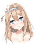  1girl absurdres blue_eyes blue_hairband blush breasts collarbone eyebrows_visible_through_hair girls_frontline hair_between_eyes hair_ornament hairband head_tilt highres long_hair looking_at_viewer nude nyanyang one_side_up parted_lips small_breasts snowflake_hair_ornament solo suomi_kp31_(girls_frontline) upper_body 
