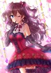  1girl ;p black_gloves blue_eyes bow brown_hair cowboy_shot dress earrings elbow_gloves finger_to_mouth floating_hair garter_straps gloves hair_bow highres ichinose_shiki idolmaster idolmaster_cinderella_girls idolmaster_cinderella_girls_starlight_stage index_finger_raised jewelry long_hair neck_ribbon one_eye_closed red_dress ribbon sayuringo sleeveless sleeveless_dress sleeveless_turtleneck solo standing striped striped_bow striped_ribbon tongue tongue_out turtleneck twintails very_long_hair 