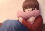  1girl ^_^ against_wall bangs blunt_bangs blurry blush brown_hair closed_eyes commentary_request depth_of_field hair_ornament hairclip happy knees_up kurosawa_dia long_hair long_sleeves love_live! love_live!_sunshine!! papi_(papiron100) pillow pillow_hug red_sweater signature sitting solo 