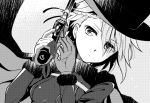  1girl ange_(princess_principal) braid cape expressionless eyes_visible_through_hair gloves greyscale gun hair_over_one_eye hat holding holding_gun holding_weapon monochrome niina_ryou princess_principal solo tears top_hat weapon 