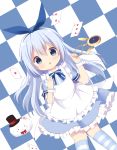  1girl :o absurdres ace_of_hearts alice_(wonderland) alice_(wonderland)_(cosplay) alice_in_wonderland angora_rabbit animal apron bangs black_hat blue_eyes blue_hair blue_ribbon blue_shirt blue_skirt blush blush_stickers bow bowtie card chains chatsune_(white_lolita) checkered checkered_background cosplay eyebrows_visible_through_hair frilled_apron frilled_skirt frills gochuumon_wa_usagi_desu_ka? hair_between_eyes hair_ribbon hands_up hat heart highres holding kafuu_chino kneehighs looking_at_viewer lying maid_apron on_back parted_lips playing_card pocket_watch rabbit red_neckwear ribbon shirt skirt striped striped_legwear tippy_(gochiusa) top_hat watch white_apron wrist_cuffs 