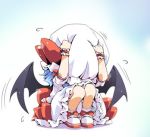  1girl arms_up bat_wings black_wings bloomers blue_hair bow cowering flying_sweatdrops full_body ham_(points) hands_on_headwear hat hat_bow lowres mob_cap motion_lines red_bow remilia_scarlet shoes short_sleeves solo touhou underwear white_hat wings wristband 