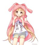  &gt;:d 1girl :d animal_hood brown_eyes bunny_hood candy commentary_request food futaba_anzu himouto!_umaru-chan hood idolmaster idolmaster_cinderella_girls light_brown_hair lollipop long_hair looking_at_viewer nyanya open_mouth parody shirt shorts simple_background smile solo striped striped_shorts t-shirt translation_request twitter_username white_background you_work_you_lose 