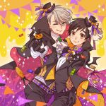  2boys ;q belt black_gloves black_hair blue_eyes bottle brown_eyes candy cape cravat fang food gloves halloween hand_on_another&#039;s_hip hat katsuki_yuuri lollipop male_focus mini_hat mini_top_hat multiple_boys one_eye_closed outstretched_hand shiki_(hubin) silver_hair smile sparkle string_of_flags tongue tongue_out top_hat viktor_nikiforov waistcoat yuri!!!_on_ice 