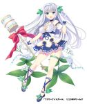  1girl :d blue_eyes blue_footwear blue_neckwear bow choker company_name copyright_name flower flower_knight_girl gloves hair_ornament hairband holding holding_staff kinutasou_(flower_knight_girl) long_hair looking_at_viewer naruse_mamoru object_namesake official_art open_mouth red_bow see-through shoes silver_hair simple_background skirt smile solo staff two_side_up white_background white_bow white_gloves 