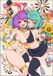  2girls :d armpit_peek bangs bare_shoulders black_bra black_legwear black_skirt blush bow bra breast_press breasts cosmetics detached_sleeves eyebrows_visible_through_hair feet_out_of_frame flower green_hair grin hair_bow hand_up hat horns jewelry kazami_yuuka koutamii large_breasts legband lipstick_tube looking_at_viewer makeup miniskirt multiple_girls nagae_iku navel necklace o-ring one_eye_closed open_mouth pearl_necklace pleated_skirt plump red_bow red_eyes ring sharp_teeth short_hair skirt smile standing sunflower symmetrical_docking teeth thigh-highs touhou underwear violet_eyes 