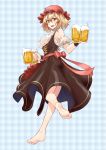  1girl aki_minoriko alcohol alternate_costume apron bare_legs bare_shoulders barefoot beer beer_mug black_dress blonde_hair blue_background breasts dirndl dress full_body german_clothes hair_between_eyes hat holding medium_breasts mob_cap plaid plaid_background red_eyes red_hat sash shunichi smile solo touhou underbust waist_apron wrist_cuffs 