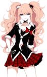  1girl absurdres bangs bear_hair_ornament black_bra black_jacket blue_eyes bow bra breasts cleavage collarbone cowboy_shot dangan_ronpa dangan_ronpa_1 enoshima_junko eyebrows_visible_through_hair hair_ornament hand_on_hip highres jacket legs_apart long_hair long_sleeves looking_at_viewer medium_breasts miniskirt neckerchief orange_hair parted_lips plaid plaid_skirt pleated_skirt red_bow red_skirt school_uniform sheya simple_background skirt sleeves_pushed_up smile solo standing thighs tsurime twintails underwear wavy_hair white_background white_neckwear 