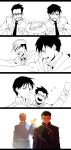  2boys annoyed back_turned black_eyes black_hair fighting food fullmetal_alchemist glasses happy hat heart highres looking_at_another looking_away maes_hughes male_focus military military_uniform monochrome multiple_boys necktie open_mouth out_of_frame panels photo_(object) pie plate roy_mustang saka_(724596338) salute short_hair simple_background smile uniform white_background 