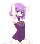  1girl armpits arms_up bangs bare_arms bare_shoulders bed blunt_bangs blush chan_co closed_mouth cowboy_shot eyebrows_visible_through_hair fate/grand_order fate_(series) flat_chest helena_blavatsky_(fate/grand_order) legs_together looking_at_viewer mouth_hold on_bed purple_hair short_hair simple_background sitting smile solo tying_hair vest violet_eyes white_background 