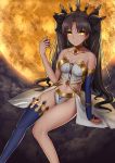  1girl absurdres asymmetrical_legwear asymmetrical_sleeves black_ribbon blue_legwear breasts bridal_gauntlets brown_hair choker cleavage detached_sleeves earrings fate/grand_order fate_(series) full_moon hair_ribbon highres holding ishtar_(fate/grand_order) jewelry kuraka long_hair looking_at_viewer medium_breasts moon multiple_girls navel ribbon sitting solo stomach strapless thigh-highs tohsaka_rin twintails very_long_hair yellow_eyes 