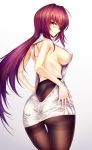 1girl ass back bare_shoulders black_legwear blush breasts erect_nipples fate/grand_order fate_(series) female_ass highres large_breasts long_hair looking_at_viewer looking_back meme_attire no_bra no_panties pantyhose purple_hair scathach_(fate/grand_order) sideboob silly_(marinkomoe) simple_background smile solo thighband_pantyhose violet_eyes virgin_killer_sweater white_background