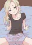  1girl :d arm_support bangs bed black_shirt blonde_hair blue_shorts brown_eyes commentary_request head_tilt highres looking_at_viewer on_bed open_mouth original shirt short_sleeves shorts sitting smile solo spread_legs t-shirt yamamoto_souichirou 