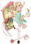  1girl animal_ears bee blonde_hair cup full_body green_eyes hat honey o_yat original pantyhose plate rabbit_ears short_hair sleeveless solo teacup teapot v white_hat white_legwear window yarn_ball 