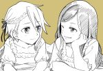  2girls ange_(princess_principal) braid collarbone dorothy_(princess_principal) grin hair_ribbon hand_on_own_cheek light_smile long_hair looking_at_another lying multiple_girls niina_ryou on_stomach one_eye_closed pajamas princess_principal ribbon short_hair simple_background sketch smile 