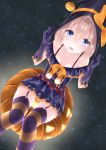  1girl :o belt black_gloves blue_eyes bow brown_hair collarbone garter_straps gloves halloween halloween_costume hat hat_bow highres holding holding_hat looking_at_viewer neptune_(series) orange_bow pumpkin ribbon-trimmed_dress ribbon-trimmed_gloves ribbon_trim rom_(choujigen_game_neptune) shikapiro short_hair shoulder_strap sitting solo striped striped_legwear thigh-highs witch witch_hat 