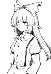  1girl bangs bow buttons closed_mouth collared_shirt commentary_request cowboy_shot eyebrows_visible_through_hair fujiwara_no_mokou greyscale hair_bow juliet_sleeves long_hair long_sleeves looking_at_viewer monochrome oninamako puffy_sleeves shirt simple_background solo suspenders touhou white_background 
