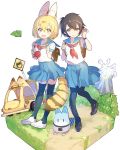  2girls alternate_costume animal_ears bag black_hair black_legwear blonde_hair blouse blue_skirt blush brown_eyes full_body highres japari_bus kaban_(kemono_friends) kemono_friends looking_at_viewer lucky_beast_(kemono_friends) multiple_girls neckerchief omucchan_(omutyuan) paper_airplane pleated_skirt red_neckwear sailor_collar sandstar school_bag school_uniform serafuku serval_(kemono_friends) serval_ears serval_print serval_tail short_hair short_sleeves skirt smile striped_tail tail thigh-highs volcano wavy_hair wristband 