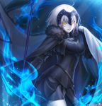  1girl armor armored_dress banner black_dress black_gloves cape chains dress fate/grand_order fate_(series) gauntlets gloves headpiece highres jeanne_alter lips looking_at_viewer magic pantsu_majirou parted_lips ruler_(fate/apocrypha) short_dress short_hair silver_hair smile solo yellow_eyes 