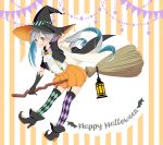  1girl :q adjusting_hair alternate_costume ascot black_gloves broom broom_riding checkered checkered_legwear garter_straps gloves grey_eyes halloween happy_halloween hat high_heels highres kantai_collection kiyoshimo_(kantai_collection) long_hair looking_at_viewer low_twintails pumpkin_pants sakuharu silver_hair smile solo suspenders tongue tongue_out twintails witch witch_hat 