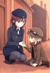  2girls 7_(princess_principal) age_difference ange_(princess_principal) beret boots bruise cabbie_hat coat from_side goggles goggles_on_head hand_holding hat injury military_uniform multiple_girls navy_blue_hat niina_ryou open_mouth pantyhose parted_lips princess_principal profile scarf sitting squatting tears wavy_mouth younger 