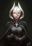  applemoontea black_background black_eyes black_gloves black_hair cape closed_mouth commentary gloves hair_between_eyes highres jacket long_sleeves looking_away made_in_abyss multicolored_hair ozen realistic short_hair signature standing two-tone_hair upper_body whistle white_hair 