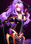  1girl armor armored_boots black_panties boots breasts camilla_(fire_emblem_if) capelet cleavage fire_emblem fire_emblem_if hair_over_one_eye highres kuro_kitsune large_breasts long_hair panties purple_hair solo thigh-highs thigh_boots underwear very_long_hair violet_eyes wavy_hair 