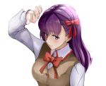  1girl blush bow breasts closed_mouth eyebrows fate/stay_night fate_(series) hair_bow hair_ribbon kinpun_(fgxdw447) long_hair long_sleeves looking_at_viewer matou_sakura medium_breasts purple_hair red_bow red_ribbon ribbon solo upper_body violet_eyes 