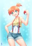  1girl aozame_takao blue_background competition_swimsuit contrapposto cowboy_shot denim denim_shorts gradient gradient_background hand_on_hip highres holding holding_poke_ball kasumi_(pokemon) looking_at_viewer one-piece_swimsuit open_mouth orange_hair poke_ball pokemon pokemon_(anime) pokemon_(game) pokemon_hgss pokemon_rgby print_swimsuit shirt short_hair shorts side_ponytail signature solo suspenders swimsuit swimsuit_under_clothes white_swimsuit yellow_shirt 
