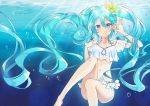  1girl barefoot bikini blue_eyes blue_hair breasts bubble cleavage cleavage_cutout collarbone floating_hair flower hair_between_eyes hair_flower hair_ornament hatsune_miku holding long_hair looking_at_viewer navel small_breasts smile solo swimsuit underwater very_long_hair vocaloid white_bikini wogura yellow_flower 