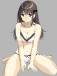  1girl aquna bangs bare_arms bare_legs bare_shoulders barefoot between_legs blunt_bangs bow bra breasts brown_hair cleavage closed_mouth commentary_request eyebrows_visible_through_hair full_body green_eyes grey_background hair_bow hand_between_legs long_hair looking_at_viewer medium_breasts navel original panties simple_background sitting solo underwear wariza white_bra white_panties 