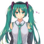  1girl bare_shoulders blue_neckwear blush breasts closed_mouth detached_sleeves eyebrows green_eyes green_hair hatsune_miku heart long_hair looking_at_viewer medium_breasts phasetsu smile solo tie_clip tongue tongue_out twintails upper_body vocaloid 