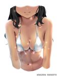  1girl amazima_mangetu artist_name bare_arms bare_shoulders bikini_top black_hair blush breasts cleavage closed_mouth collarbone dark_skin head_out_of_frame long_hair medium_breasts navel original simple_background smile solo stomach upper_body water wet white_background white_bikini_top 