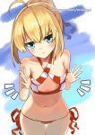  /\/\/\ 1girl ahoge artoria_pendragon_(all) bare_arms bare_shoulders bikini blonde_hair blue_eyes blush closed_mouth collarbone cosplay cowboy_shot criss-cross_halter fate_(series) flat_chest frown halterneck jitome looking_at_viewer navel nero_claudius_(swimsuit_caster)_(fate) nero_claudius_(swimsuit_caster)_(fate)_(cosplay) oversized_clothes phandit_thirathon red_bikini red_ribbon ribbon saber short_hair side-tie_bikini solo standing stomach striped striped_bikini swimsuit thigh_gap watermark web_address 