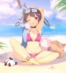  1girl 2c=galore armpits arms_up azur_lane bag ball barefoot beach beachball bikini black_hair breasts chestnut_mouth clouds day eyewear_on_head full_body highres horizon indian_style long_hair looking_at_viewer ning_hai_(azur_lane) ocean one_eye_closed outdoors panda paper_bag ping_hai_(azur_lane) pink_bikini sitting small_breasts solo stretch swimsuit twintails violet_eyes 