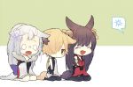  2girls animal_ears bangs blonde_hair blush chibi crying erun_(granblue_fantasy) fang fox_ears fox_tail granblue_fantasy hair_ornament hair_over_one_eye kou_(granblue_fantasy) long_hair multiple_girls seiza sitting socie_(granblue_fantasy) tail tears white_hair yuel_(granblue_fantasy) 