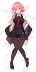  1girl :&lt; adjusting_hair arm_at_side artist_name bare_arms bare_shoulders bed_sheet black_legwear blush breasts closed_mouth dakimakura dress fate/grand_order fate_(series) hair_over_one_eye hand_up highres jacket large_breasts long_sleeves lying medium_breasts necktie no_shoes off_shoulder on_back open_clothes open_jacket pantyhose pink_hair red_neckwear saika_(saika_nyan) sample shielder_(fate/grand_order) short_hair sleeveless sleeveless_dress sleeves_past_wrists solo thigh_gap violet_eyes 