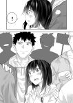  ! 1girl 4boys :o angry araido_kagiri bangs bare_shoulders blush closed_mouth comic eyebrows_visible_through_hair faceless faceless_male frown greyscale highres monochrome multiple_boys original profile shirt silent_comic spoken_exclamation_mark surprised sweat 