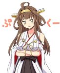  1girl ahoge bare_shoulders brown_hair crossed_arms detached_sleeves double_bun hairband headgear japanese_clothes kantai_collection kongou_(kantai_collection) long_hair nontraditional_miko ribbon-trimmed_sleeves ribbon_trim shigure_ryuunosuke simple_background solo white_background wide_sleeves 
