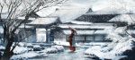  1girl bare_tree black_hair bush clouds cloudy_sky commentary_request day grass highres house japanese_clothes kimono long_hair oriental_umbrella original outdoors red_kimono sandals scenery sky snow snowing socks solo standing swav tree umbrella white_legwear winter 