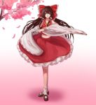  1girl brown_eyes brown_hair cherry_blossoms closed_mouth detached_sleeves expressionless eyebrows full_body hakurei_reimu long_hair looking_at_viewer navel phasetsu red_skirt skirt socks solo touhou white_legwear 