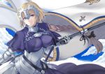  1girl absurdly_long_hair armor black_bow blonde_hair blue_eyes bow braid breasts byakuya_kaien closed_mouth eyebrows_visible_through_hair fate/grand_order fate_(series) flag hair_bow headpiece holding_flag large_breasts long_hair looking_at_viewer ruler_(fate/apocrypha) smile solo very_long_hair 