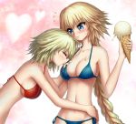  2girls bikini blonde_hair blue_bikini blue_eyes blush braid breast_licking breasts cleavage closed_eyes embarrassed fate/grand_order fate_(series) food food_on_body grey_hair heart highres ice_cream ice_cream_cone jeanne_alter jihadangel large_breasts licking long_braid long_hair multiple_girls red_bikini ruler_(fate/apocrypha) short_hair sideboob single_braid sweatdrop swimsuit very_long_hair 