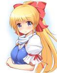  1girl bangs blonde_hair blue_dress blue_eyes blush bow closed_mouth copyright_request dress eyebrows_visible_through_hair hair_bow high_ponytail highres light_smile long_hair looking_at_viewer looking_to_the_side ponytail puffy_short_sleeves puffy_sleeves red_bow red_ribbon ribbon shirt short_sleeves sidelocks simple_background solo very_long_hair white_background white_shirt yuu_(yumezakura) 