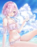  1girl arm_support bikini blue_sky bra breasts cleavage clouds collarbone day fate/grand_order fate_(series) from_side grey_ribbon groin hair_over_one_eye hair_ribbon hayashi_takeo highres lavender_hair looking_at_viewer medium_breasts navel ocean open_mouth outdoors pink_ribbon polka_dot polka_dot_bra ribbon see-through shielder_(fate/grand_order) shiny shiny_skin short_hair side-tie_bikini sitting sky solo swimsuit underwear violet_eyes white_bikini 