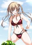  &gt;:d 1girl :d bangs bare_arms bare_shoulders bikini black_ribbon blindfold blonde_hair blue_sky blush breasts cleavage clenched_hand clenched_hands collarbone culture_shock day food front-tie_bikini front-tie_top fruit gluteal_fold graf_zeppelin_(kantai_collection) kantai_collection layered_bikini legs_together long_hair medium_breasts mikage_takashi navel open_mouth outdoors red_bikini ribbon side-tie_bikini sidelocks sky smile solo standing stomach swimsuit twintails watermelon 