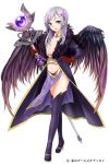  1girl black_coat black_footwear black_wings boots breasts choker cleavage copyright_name feathered_wings full_body fur_trim gloves grey_eyes grey_hair hair_ornament hand_on_hip hera_(hoshi_no_girls_odyssey) holding holding_staff hoshi_no_girls_odyssey large_breasts long_hair looking_at_viewer minamoto_mamechichi official_art purple_skirt red_gloves simple_background skirt smile solo staff standing thigh-highs thigh_boots white_background wings 