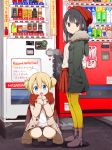  2girls ahoge black_hair blonde_hair blue_eyes boots bottle brown_eyes can chikanoko commentary_request fur_trim hat hooded_coat long_hair looking_at_viewer multiple_girls open_mouth original pantyhose pleated_skirt ragho_no_erika scarf skirt squatting translation_request twintails vending_machine 