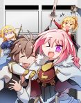  2girls 3boys armor bandeau black_bow blonde_hair blue_eyes bow braid cape clarent commentary fang fate/apocrypha fate/grand_order fate_(series) french_braid gauntlets hair_ribbon headpiece highres long_hair looking_at_viewer multicolored_hair multiple_boys multiple_girls open_mouth pink_hair ponytail ribbon rider_of_black ruler_(fate/apocrypha) saber_of_red scrunchie shishigou_kairi sieg_(fate/apocrypha) single_braid smile standard_bearer streaked_hair trap violet_eyes xin_yu_hua_yin 