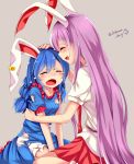  2girls :d ^_^ animal_ears bloomers blue_dress blue_hair blush breasts chikuwa_savi closed_eyes collarbone crying dress ear_clip fang long_hair low_twintails multiple_girls open_mouth parted_lips puffy_short_sleeves puffy_sleeves purple_hair rabbit_ears red_skirt reisen_udongein_inaba seiran_(touhou) shirt short_sleeves sitting skirt small_breasts smile torn_clothes torn_dress touhou twintails underwear very_long_hair white_shirt 
